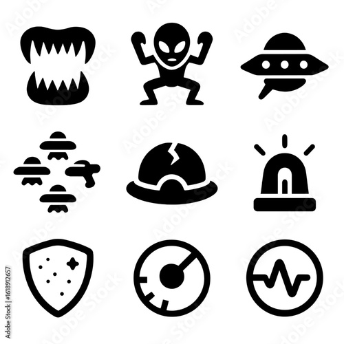 Alien Invasion Icons. Solid, filled icons set of hostile alien invaders: sharp alien teeth, attack stance,
