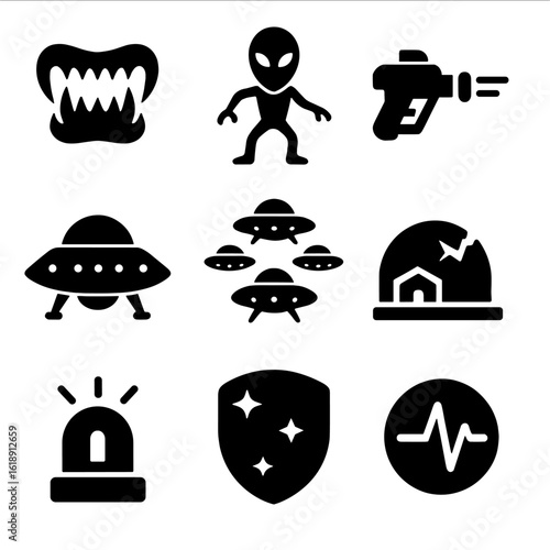 Alien Invasion Icons. Solid, filled icons set of hostile alien invaders: sharp alien teeth, attack stance,