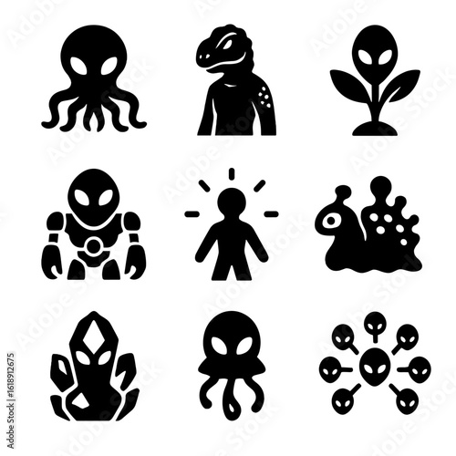 Alien Species Icons. Solid, filled icons set of alien species diversity: aquatic alien, reptilian being, plant