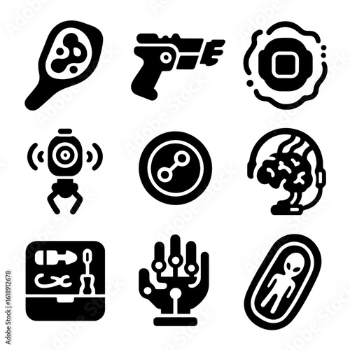 Alien Technology Icons. Solid, filled icons set of alien technology and tools: organic scanner, energy weapon,
