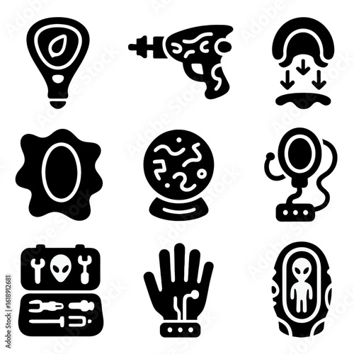 Alien Tech Icons. Solid, filled icons set of alien technology and tools: organic scanner, energy weapon,