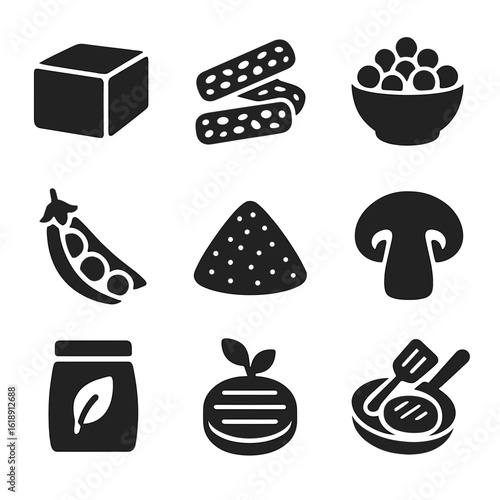 Alternative Protein Icons. Solid, filled icons set of cooking with alternative proteins: tofu block, tempeh