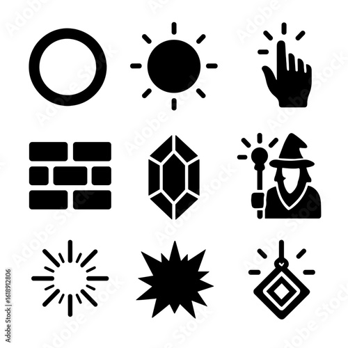 Arcane Icons Grid. Solid, filled icons set of arcane barrier creation: ring of power, glowing circle,