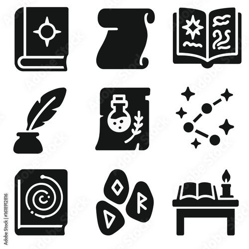 Arcane Knowledge Icons. Solid, filled icons set of arcane books and knowledge: ancient tome, dusty scroll,