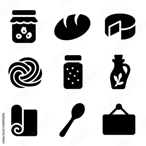 Artisan Food Icons. Solid, filled icons set of handmade food goods: jarred jam, artisan bread, small cheese