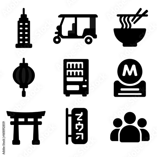 Asian City Icons. Solid, filled icons set of daily life in Asian cities: high-rise tower, tuk-tuk, noodle bowl