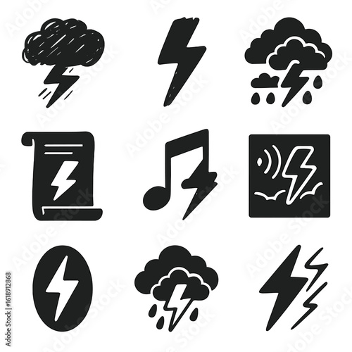 Artistic Thunder Icons. Solid, filled icons set of artistic representations of thunder: stormy sketch, painted