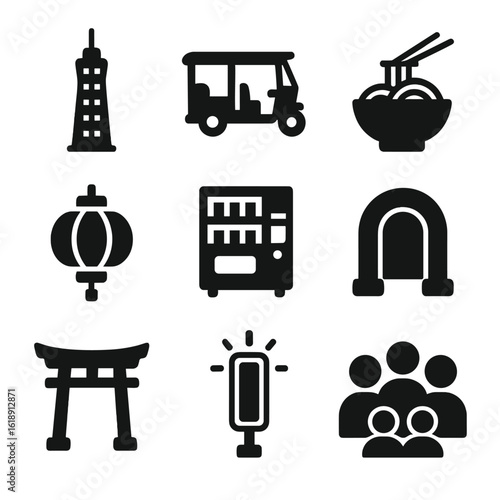 Asian City Icons. Solid, filled icons set of daily life in Asian cities: high-rise tower, tuk-tuk, noodle bowl