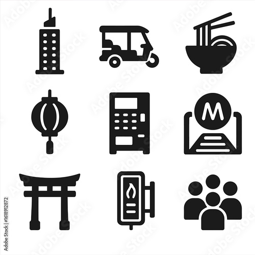 Asian City Icons. Solid, filled icons set of daily life in Asian cities: high-rise tower, tuk-tuk, noodle bowl