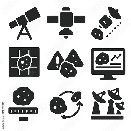 Asteroid Detection Icons. Solid, filled icons set of asteroid detection systems: space telescope, infrared