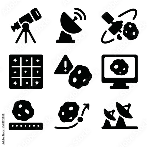 Asteroid Detection Icons. Solid, filled icons set of asteroid detection systems: space telescope, infrared