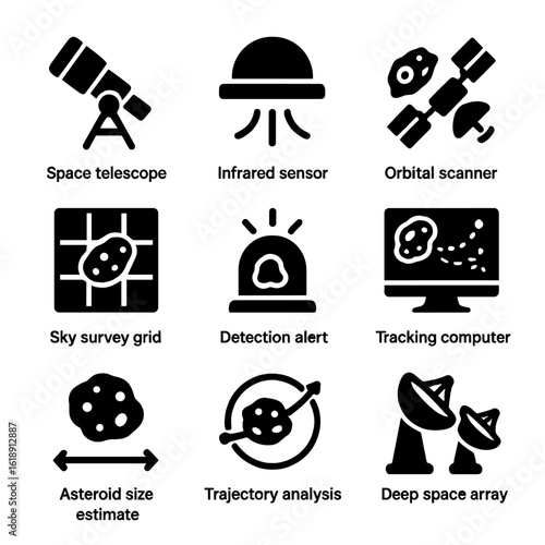 Asteroid Detection Icons. Solid, filled icons set of asteroid detection systems: space telescope, infrared