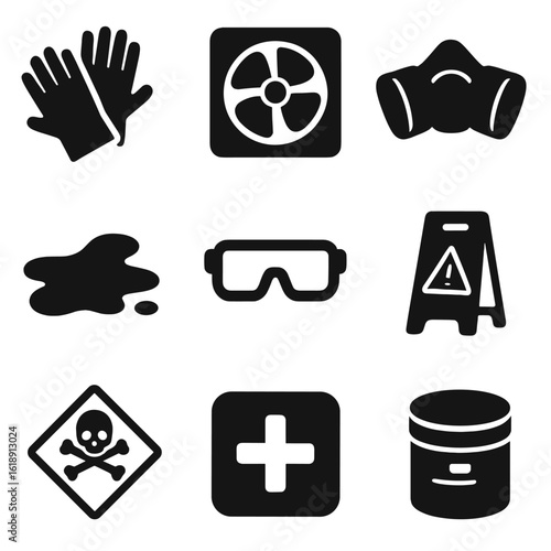 Bathroom Safety Icons. Solid, filled icons set of bathroom safety while cleaning: non-slip gloves, ventilation