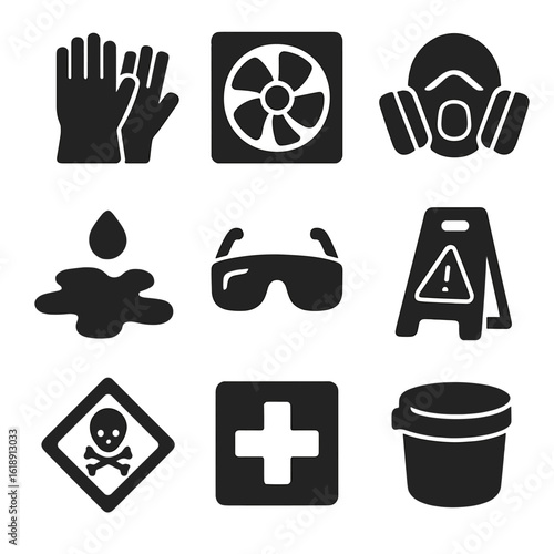 Bathroom Safety Icons. Solid, filled icons set of bathroom safety while cleaning: non-slip gloves, ventilation