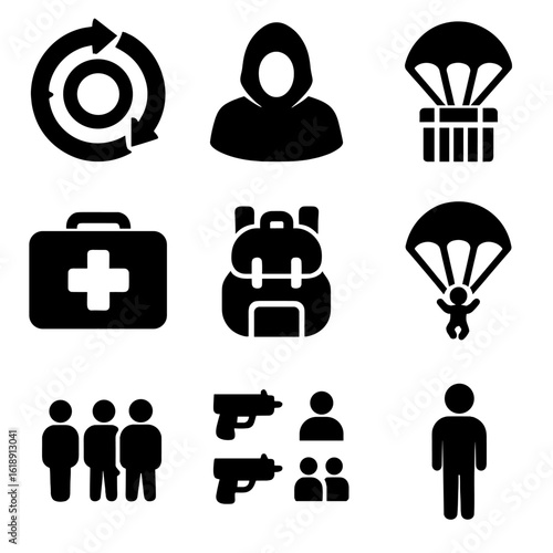 Battle Royale Icons. Solid, filled icons set of battle royale game features: shrinking zone, survival icon,