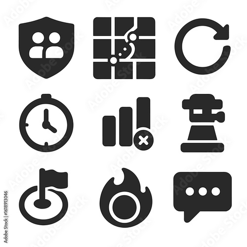 Battle Arena Game Icons. Solid, filled icons set of multiplayer battle arena games: team shield, map grid,