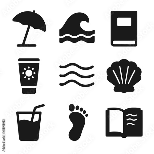 Beachside Literature Icons. Solid, filled icons set of beachside literature moments: beach umbrella, wave icon