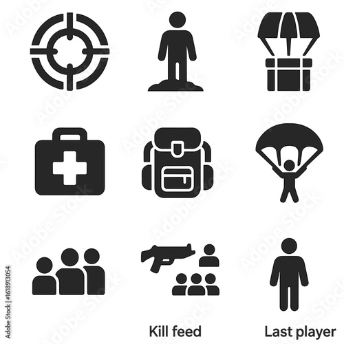 Battle Royale Icons. Solid, filled icons set of battle royale game features: shrinking zone, survival icon,