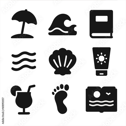 Beachside Literature Icons. Solid, filled icons set of beachside literature moments: beach umbrella, wave icon