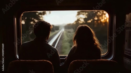 A young Caucasian man and a young woman with long brown hair sit together on a train, watching the sunset through the window. The scene is warm and intimate.