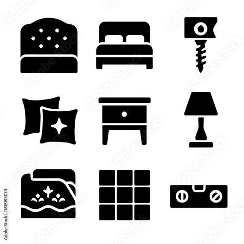Bedroom Decor Icons. Solid, filled icons set of placing a statement headboard in the bedroom: upholstered