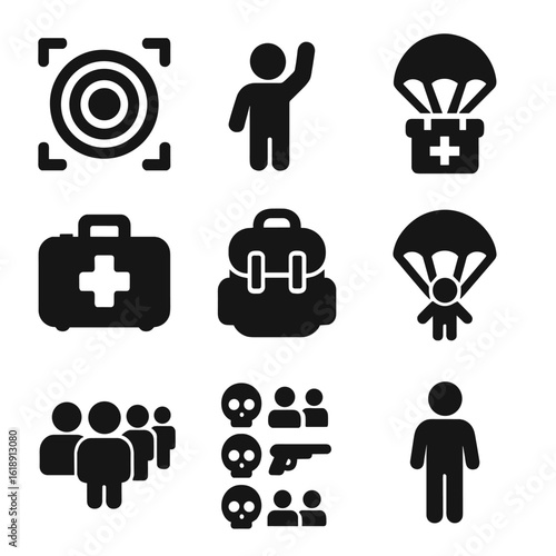 Battle Royale Icons. Solid, filled icons set of battle royale game features: shrinking zone, survival icon,
