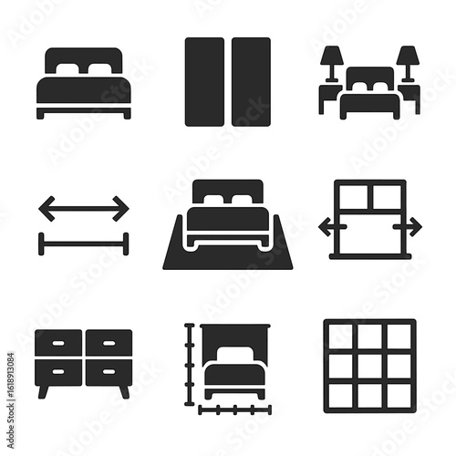 Bedroom Layout Icons. Solid, filled icons set of bedroom layout with headboard placement: centered bed, wall