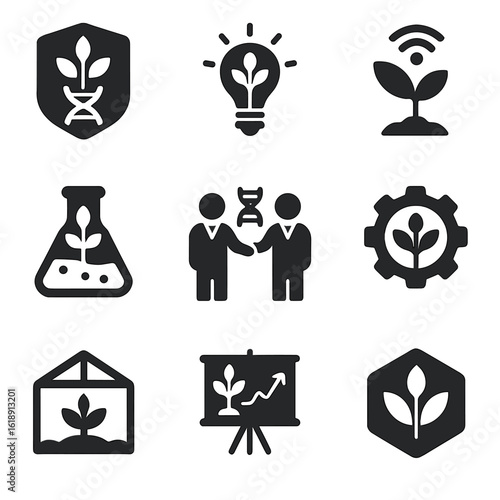 Biotech Farming Icons. Solid, filled icons set of biotechnology in modern farming: biotech crop label,