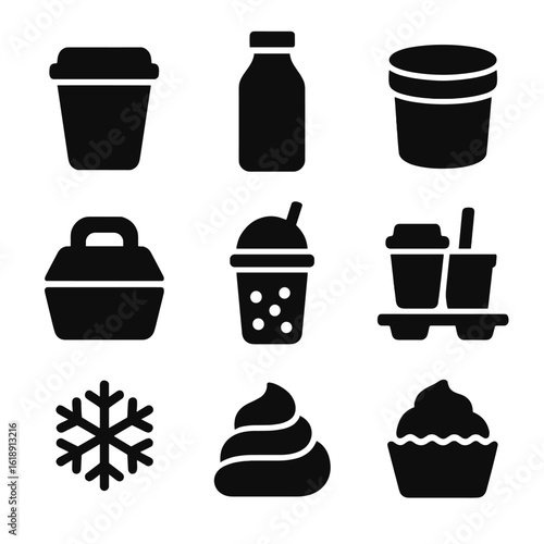Beverage and Dessert Icons. Solid, filled icons set of beverage and dessert delivery: coffee cup, smoothie