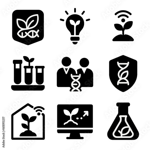 Biotech Farming Icons. Solid, filled icons set of biotechnology in modern farming: biotech crop label,