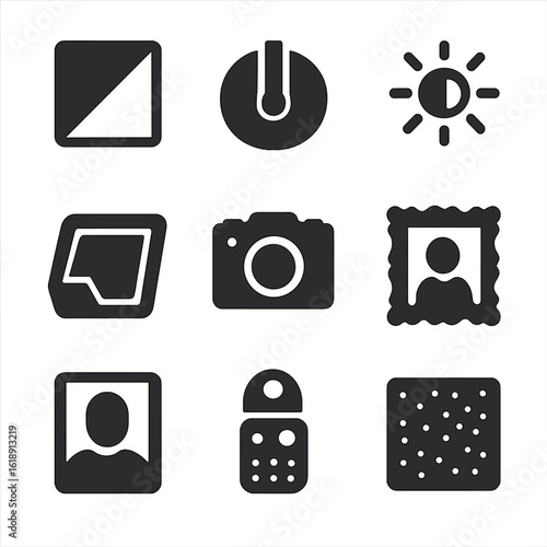 Black & White Icons. Solid, filled icons set of black and white photography: grayscale filter, contrast dial,