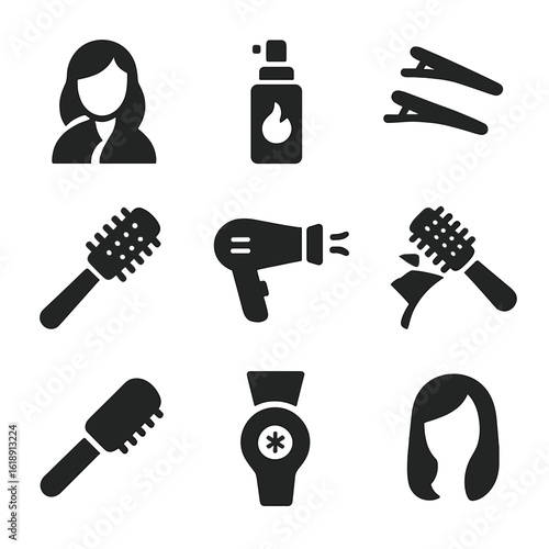 Blow Dry Icon Set. Solid, filled icons set of blow dry technique step-by-step: towel-dried hair, heat