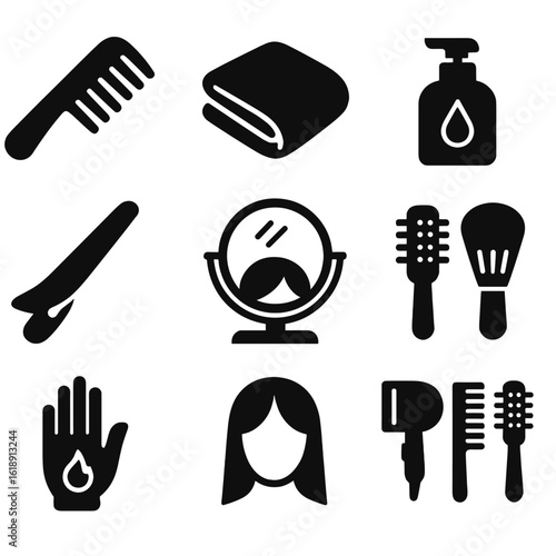 Blow Dry Icon Set. Solid, filled icons set of blow dry prep and setup: detangling comb, microfiber towel,