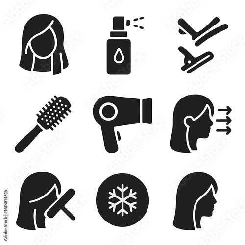 Blow Dry Icon Set. Solid, filled icons set of blow dry technique step-by-step: towel-dried hair, heat