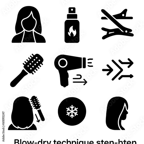 Blow Dry Icons. Solid, filled icons set of blow dry technique step-by-step: towel-dried hair, heat protectant