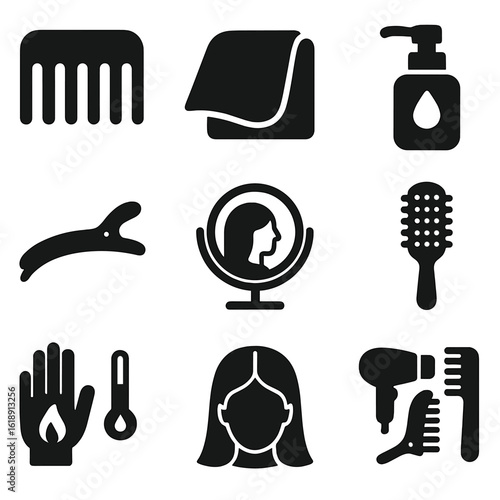 Blow Dry Essentials Icons. Solid, filled icons set of blow dry prep and setup: detangling comb, microfiber