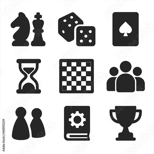 Board Game Icons. Solid, filled icons set of board games and tabletop fun: chess pieces, dice pair, card deck,