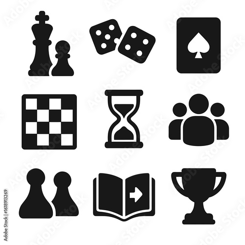 Board Game Icons. Solid, filled icons set of board games and tabletop fun: chess pieces, dice pair, card deck,
