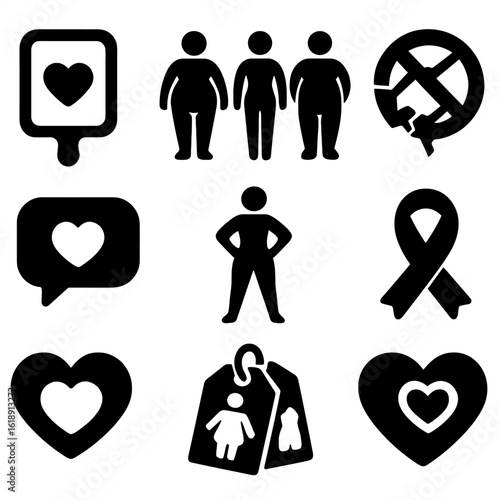 Body Positivity Icons. Solid, filled icons set of body positivity and identity empowerment: mirror with heart,