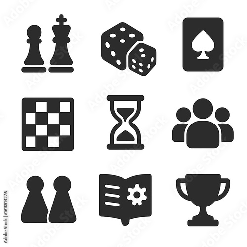 Board Game Icons. Solid, filled icons set of board games and tabletop fun: chess pieces, dice pair, card deck,