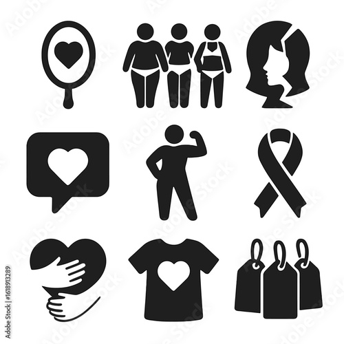 Body Positivity Icons. Solid, filled icons set of body positivity and identity empowerment: mirror with heart,