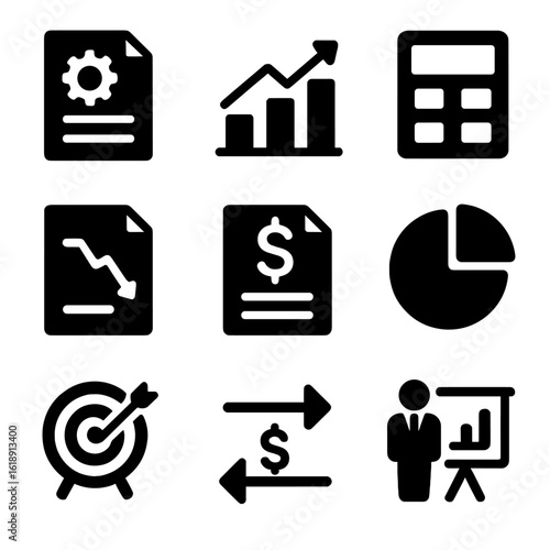 Business Icon Set. Solid, filled icons set of business planning and financial management: business plan