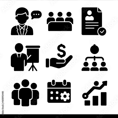 Business Incubator Icons. Solid, filled icons set of business incubation and accelerators: mentor icon, group