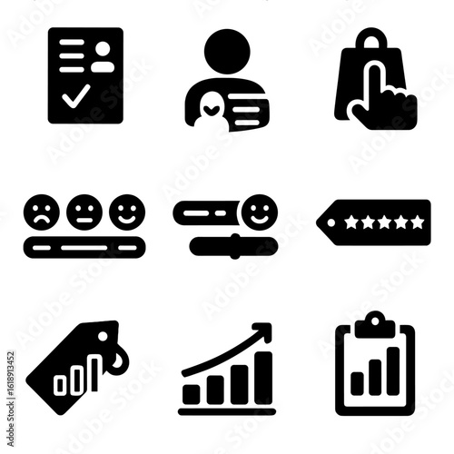 Business Insight Icons. Solid, filled icons set of polling for business insights: employee feedback form,