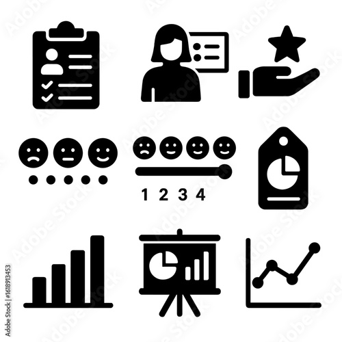 Business Insight Icons. Solid, filled icons set of polling for business insights: employee feedback form,