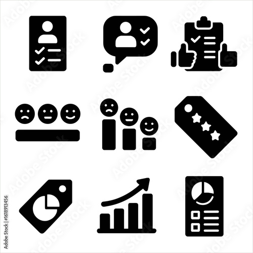 Business Insights Icons. Solid, filled icons set of polling for business insights: employee feedback form,