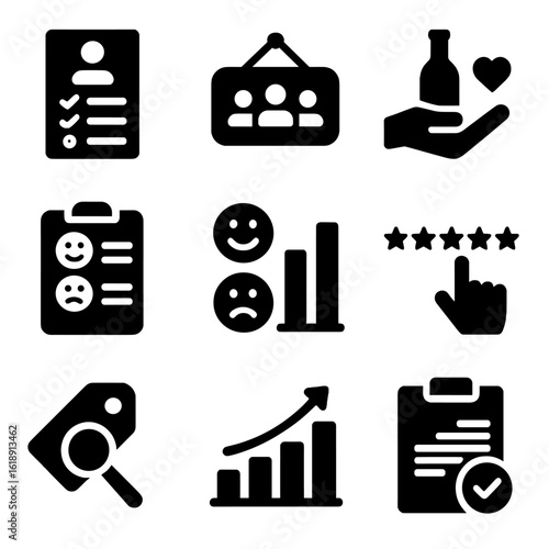 Business Insights Icons. Solid, filled icons set of polling for business insights: employee feedback form,