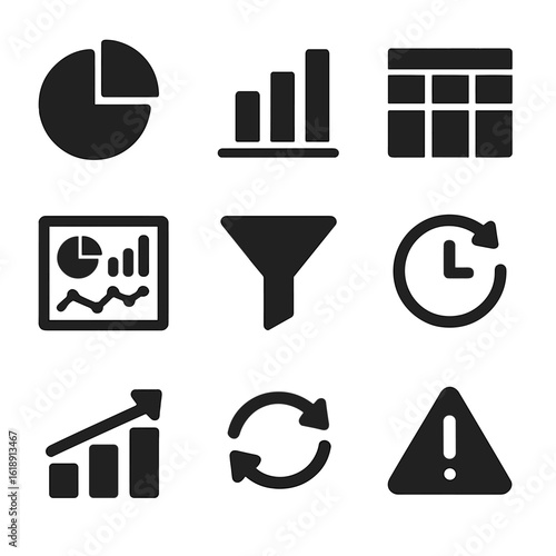 Business Intelligence Icons. Solid, filled icons set of business intelligence tools: pie chart, bar graph,