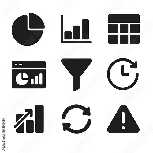 Business Intelligence Icons. Solid, filled icons set of business intelligence tools: pie chart, bar graph,