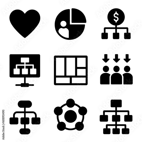Business Model Icons. Solid, filled icons set of business model design: value proposition, customer segment
